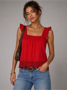 Elle Solid Red Orange Ruffle-Strap Crochet-Hem Camisole Tank Top Cotton size M